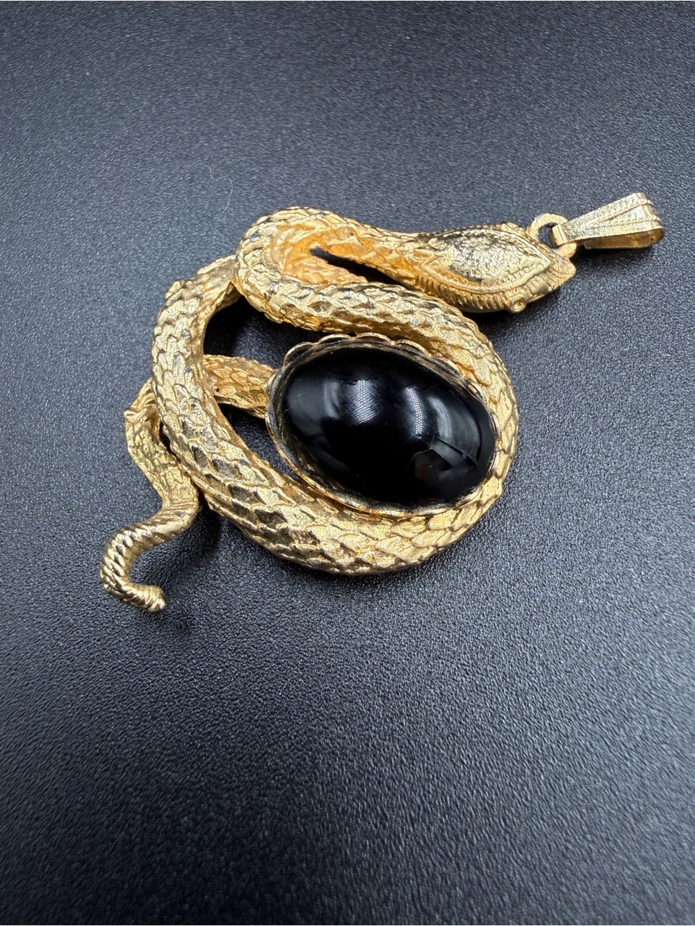 Vintage Gold Tone Coiled Snake Pendant with Black Cabochon